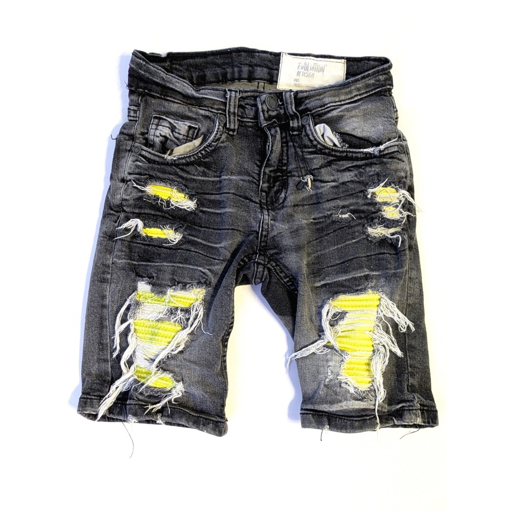 Evolution In Design Boys Black Distressed Bright Ripped Moto Denim Shorts Size 8
